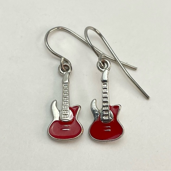 Red and Silver Tone Enamel Guitar Dangle Earrings - Picture 2 of 6